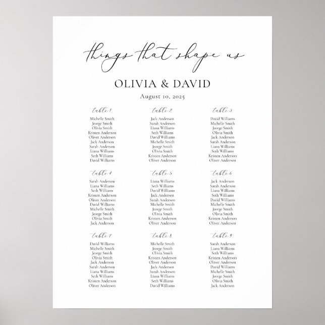9 Tables Simple Things that shape us Seating Chart (Front)