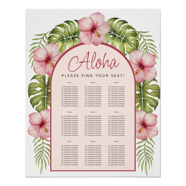 9 Tables Tropical Hawaii Floral Arch Seating Chart (Front)
