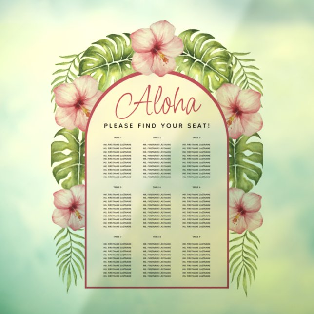 9 Tables Tropical Seating Chart Transparent Hawaii Window Cling (Sheet 3)