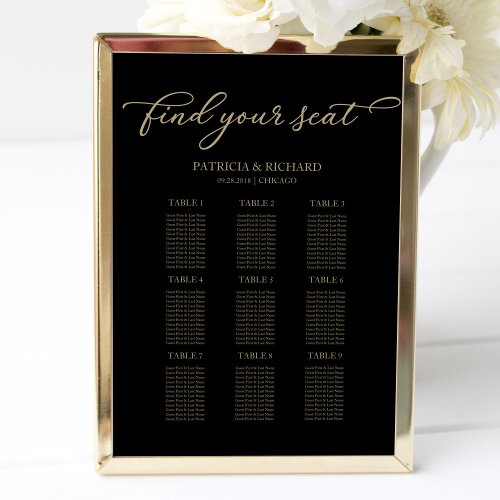 9 Tables Wedding Seating Chart Chic Gold Black