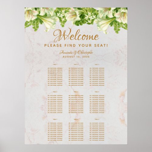 9 Tables Wedding Seating Chart Marble White Lilies
