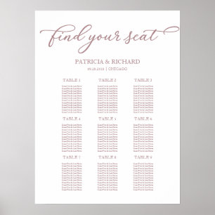 9 Tables Wedding Seating Chart Rose Gold Script