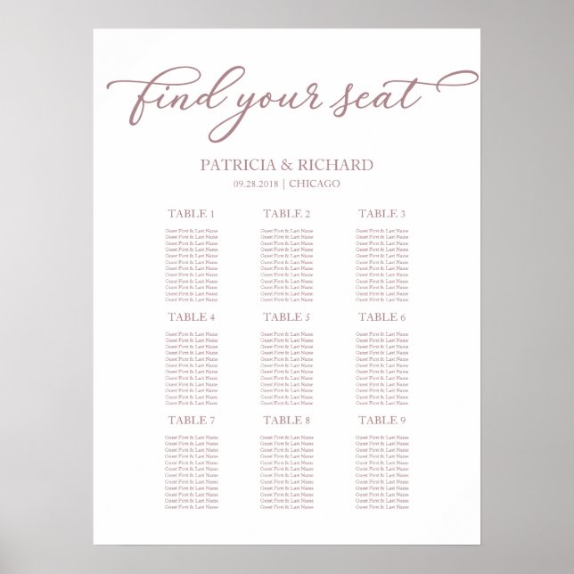 9 Tables Wedding Seating Chart Rose Gold Script (Front)