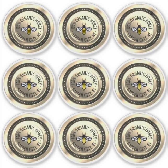 9 Waterproof Vinyl Honey Lid Labels Gold Bee (Front)