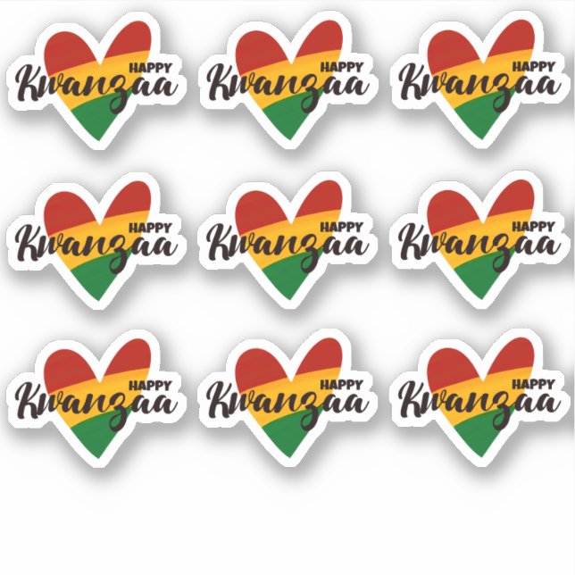 9 x Happy Kwanzaa Red Yellow Green Striped Hearts Sticker (Front)