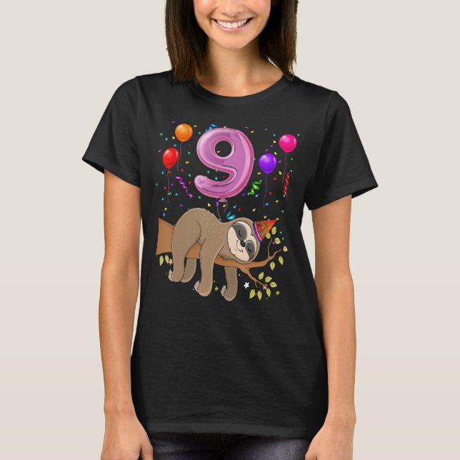 9 Year Old 9th Birthday Girl Party Cute Sloth T-Shirt (Front)