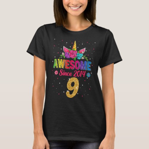9 Year Old Awesome Since 2014 Unicorn Rainbow Birt T_Shirt