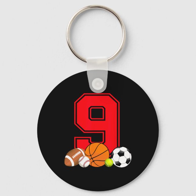 9 Year Old Basketball Football Baseball Soccer Bir Keychain (Front)