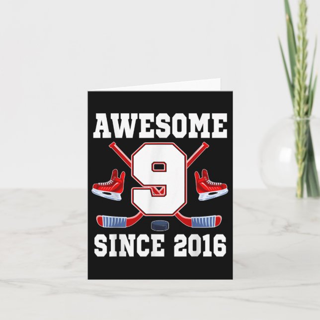 9 Year Old Birthday Ice Hockey Theme Awesome Since Card (Front)