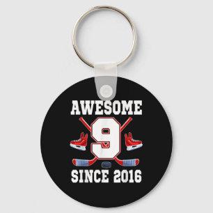 9 Year Old Birthday Ice Hockey Theme Awesome Since Keychain