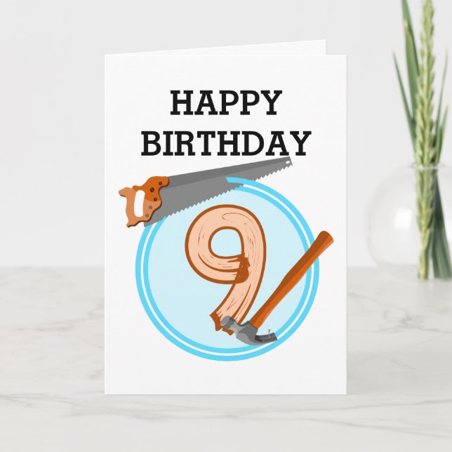 9 year old boy builder tools birthday design card (Front)