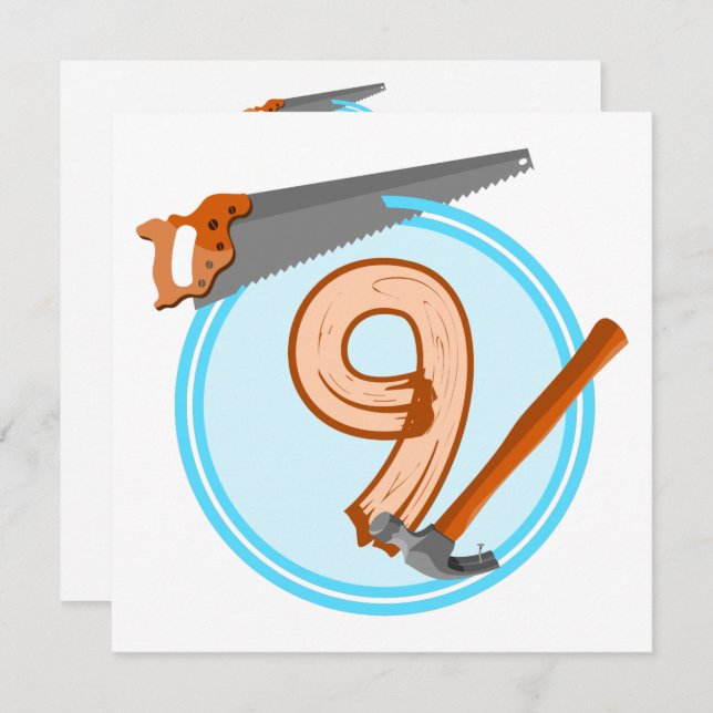 9 year old boy builder tools birthday design invitation (Front/Back)