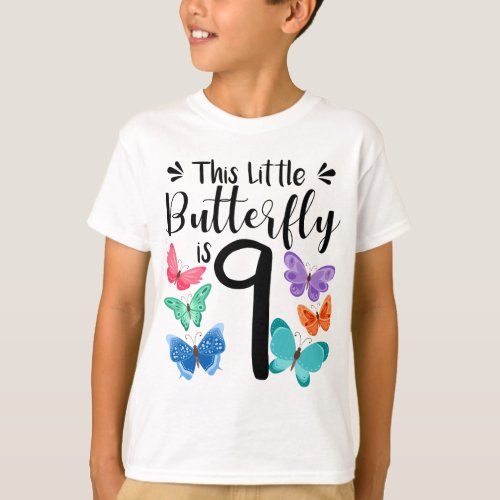 9 Year Old Butterfly Birthday Girls 9th Girl Party T_Shirt