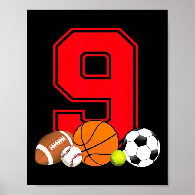 9 Year Old Bysketbyll Footbyll Bysebyll Soccer Bir Poster (Front)
