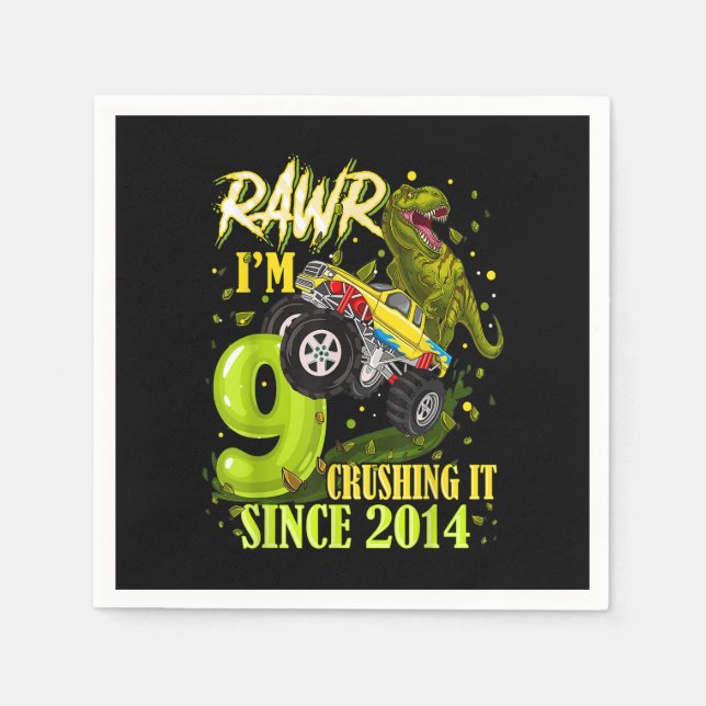 9 Year Old Dinosaur Trex Monster Truck 9th Birthda Napkins (Front)
