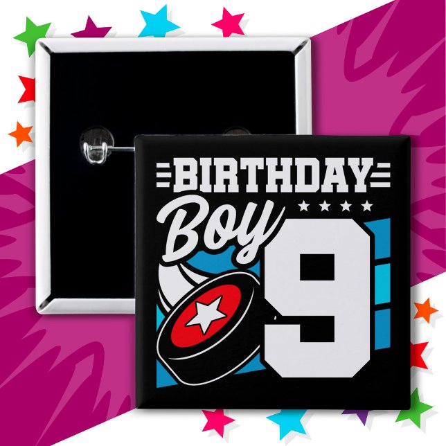 9 Year Old Hockey Party Theme 9th Birthday Boy Button (Creator Uploaded)