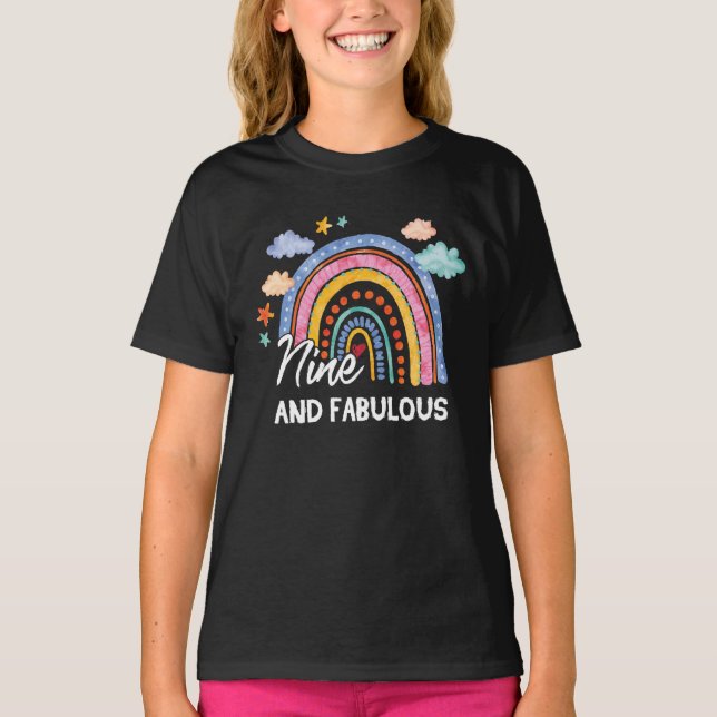 9 Year Old Nine And Fabulous 9th Birthday Rainbow T-Shirt (Front)