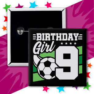 9 Year Old Soccer Football Party 9th Birthday Girl Button