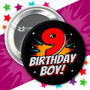 9 Year Old Superhero Birthday Boy 9th Birthday Button