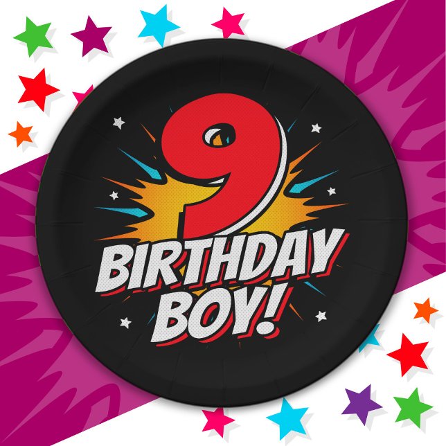 9 Year Old Superhero Birthday Boy 9th Birthday Paper Plates (Creator Uploaded)