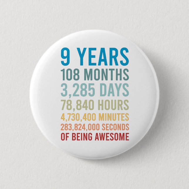 9 Years 108 Months 3285 Day Being Awesome Birthday Button (Front)