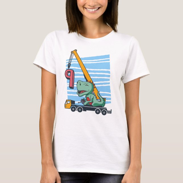 9 years 9th Birthday Mobile Crane Dinosaur T-Shirt (Front)