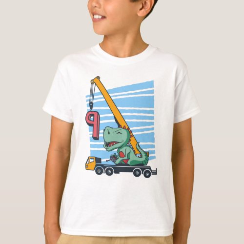 9 years 9th Birthday Mobile Crane Dinosaur T_Shirt