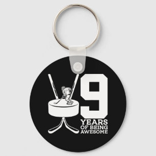 9 YEARS OF BEING AWESOME ICE HOCKEY 9TH BIRTHDAY KEYCHAIN