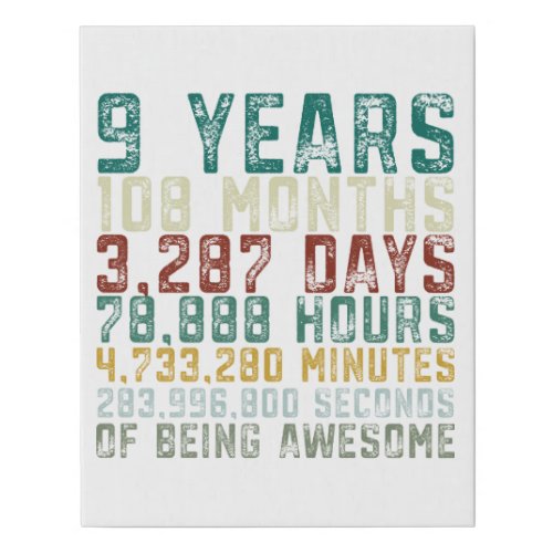 9 Years Old 9th Birthday Boys Girls Anniversary Faux Canvas Print