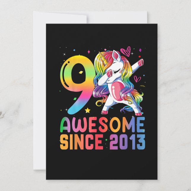 9 Years Old Awesome Since 2013 Dabbing Unicorn Invitation (Front)
