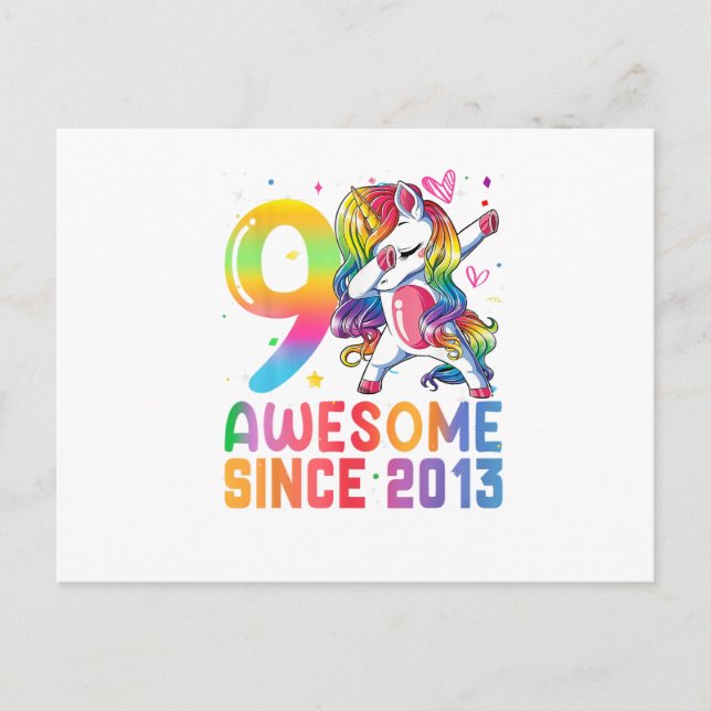 9 Years Old Awesome Since 2013 Dabbing Unicorn Postcard (Front)