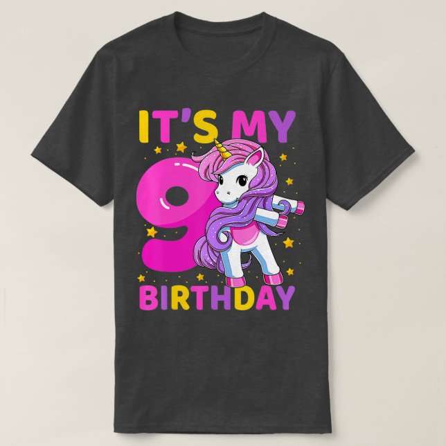 9 Years Old Unicorn Flossing 9th Birthday Party Gi T-Shirt (Design Front)