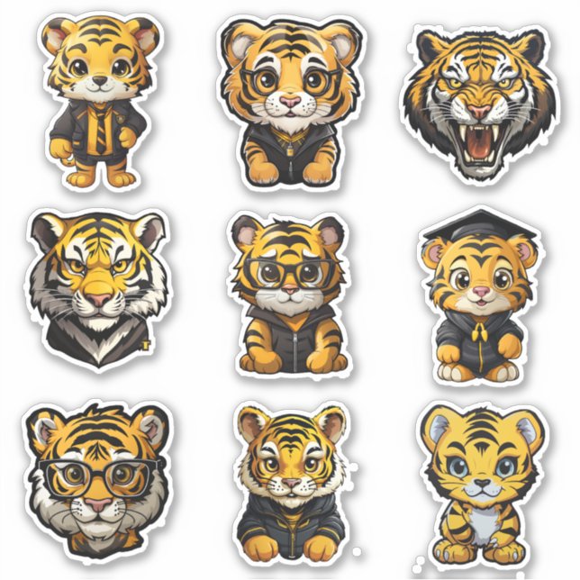 9 Yellow & Black College University Tiger Stickers (Front)