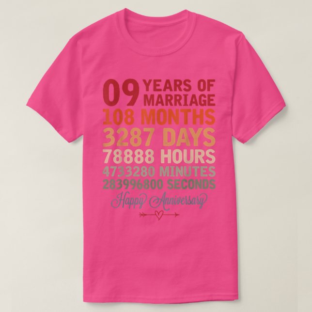 9 Yrs of Marriage Couple Countdown 9th Wedding Ann T-Shirt (Design Front)