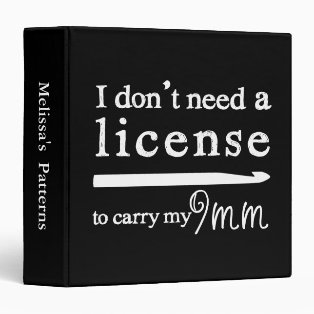 9mm Crochet Hook License Pattern Organizing Dark 3 Ring Binder (Front/Spine)
