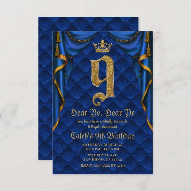 9TH 9 Birthday Party Royal Blue Gold Crown    Invitation (Front/Back)