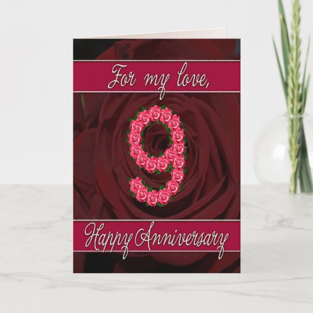 9th anniversary card with roses and leaves (Front)