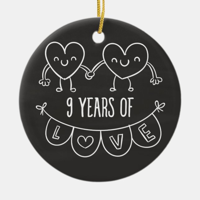 9th Anniversary Gift Chalk Hearts Ceramic Ornament (Front)