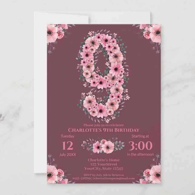 9th Big Birthday Girl Pink Flowers Green Foliage Invitation (Front)
