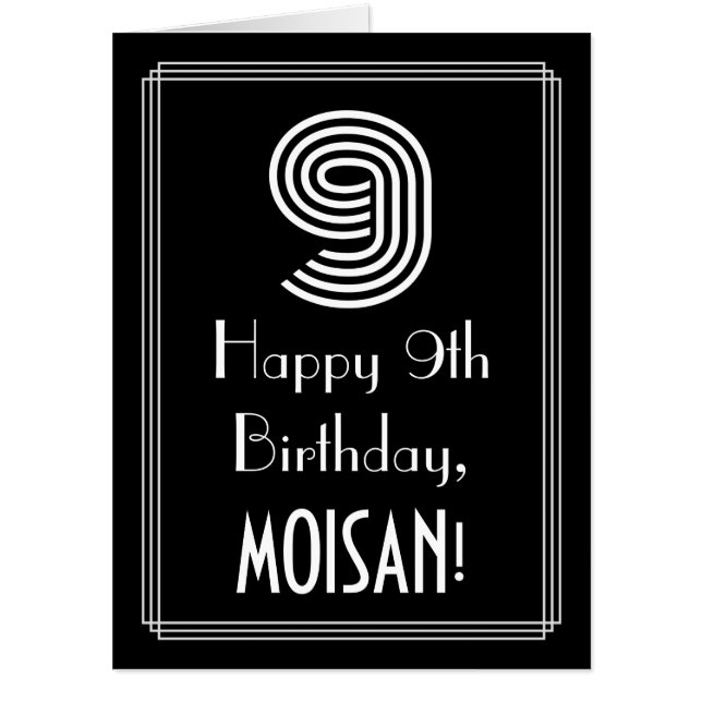 9th Birthday — Art Deco Inspired Look “9” + Name Card (Front)