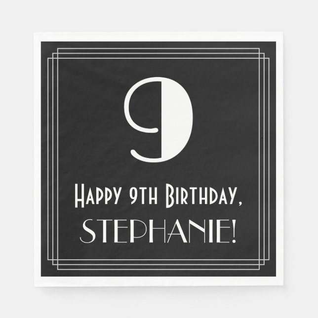 9th Birthday ~ Art Deco Inspired Look "9", Name Napkins (Front)