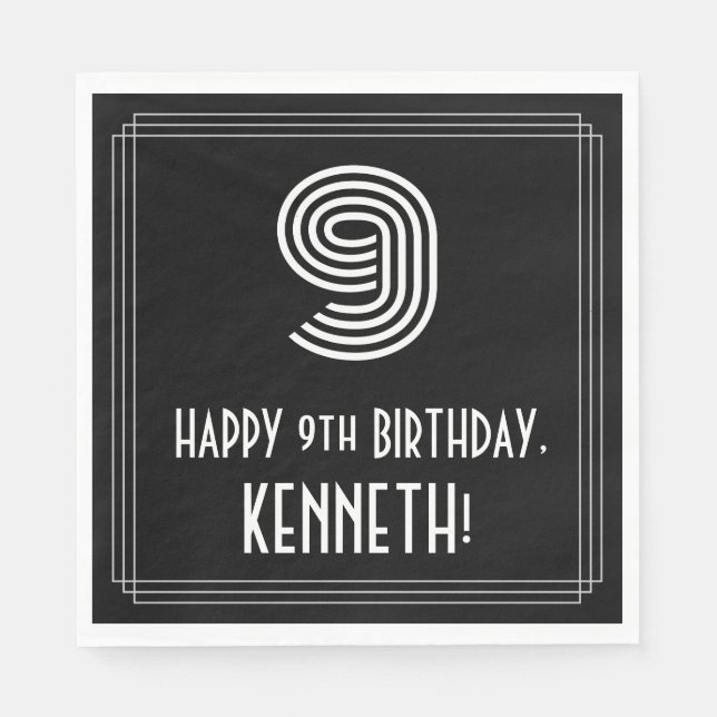 9th Birthday: Art Deco Inspired Look "9" + Name Napkins (Front)