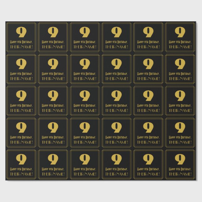 9th Birthday – Art Deco Inspired Look "9" & Name Wrapping Paper (Flat)