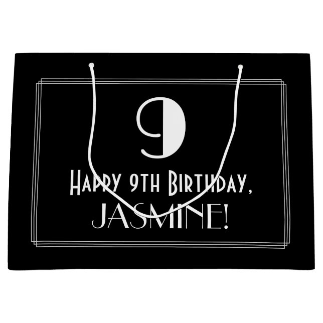 9th Birthday: Art Deco Inspired Style "9", Name Large Gift Bag (Front)