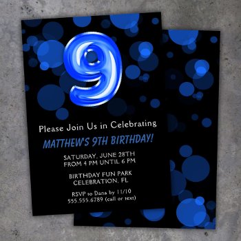 9th Birthday Balloons Kids Blue Boy Party Invitation by WittyPrintables at Zazzle