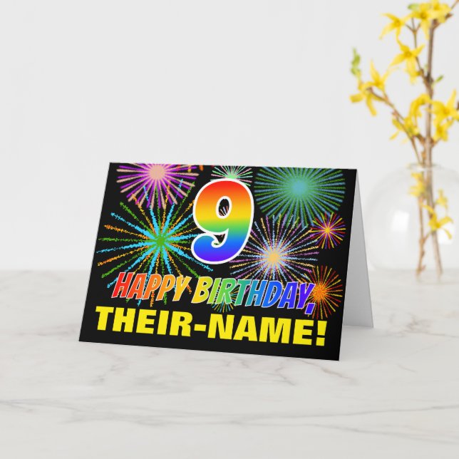 9th Birthday: Bold, Fun, Fireworks, Rainbow 9 Card (Yellow Flower)