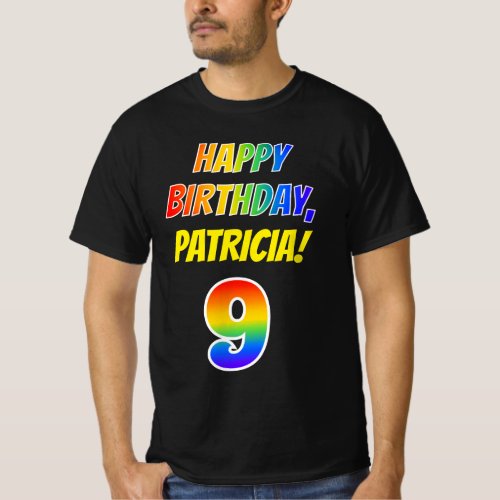 9th Birthday  Bold Fun Rainbow 9 Custom Name T_Shirt