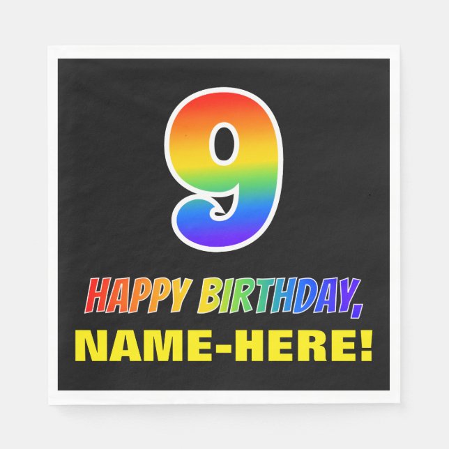 9th Birthday: Bold, Fun, Simple, Rainbow 9 Napkins (Front)