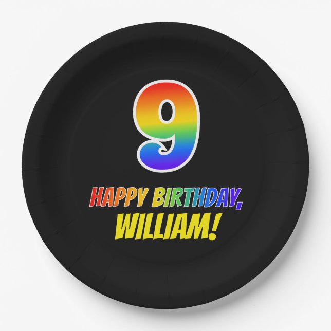 9th Birthday: Bold, Fun, Simple, Rainbow 9 Paper Plates (Front)