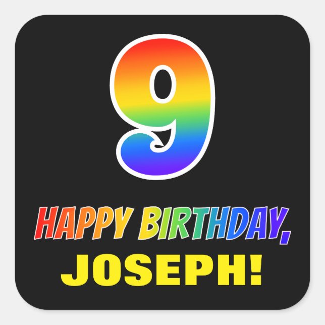 9th Birthday: Bold, Fun, Simple, Rainbow 9 Square Sticker (Front)